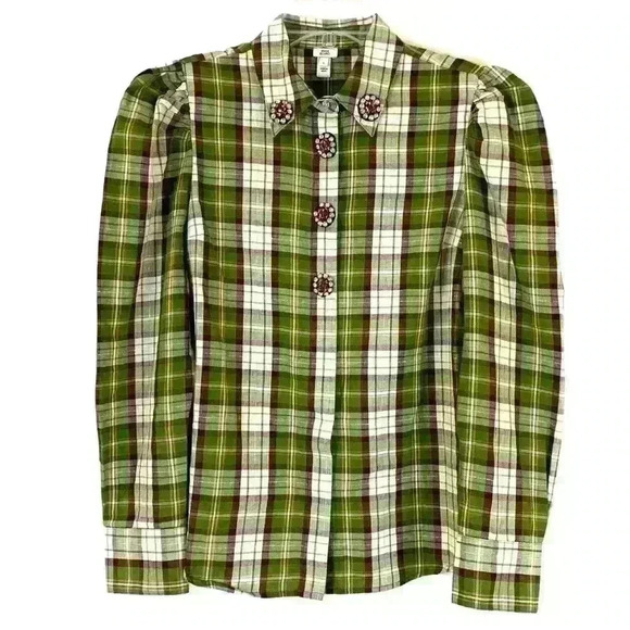 River Island Plaid Crystal Button Cotton Blend Shirt Light Green Size S - Picture 1 of 4